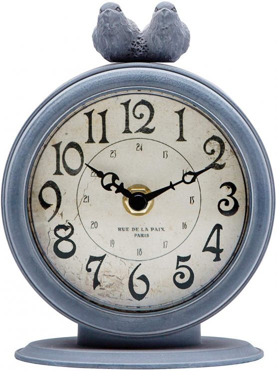 NIKKY HOME Shabby Chic Pewter Round Quartz Table Clock with 2 Birds 12 x 6 x 15.5 cm, Light Slate Grey