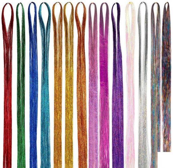 14 Colors 4200 Strands Hair Tinsel Extensions, Shiny Colorful Straight Hair Extensions for Women Girls Party Cosplay Rainbow Synthetic Hair Extensions (36.6 Inches)