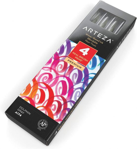 Arteza Real Brush Pens [A174 Dolphin Grey, Pack of 4] Watercolour Pens with Nylon Brush Tips, Art Supplies for Dry-Brush Painting, Sketching, colouring & Calligraphy - Image 2