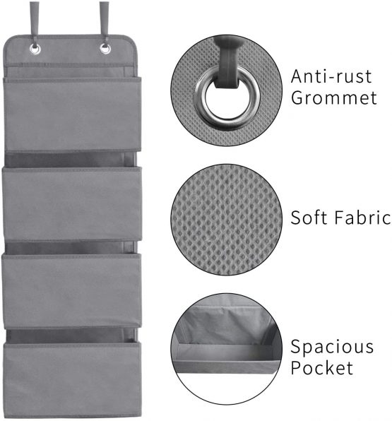 ManGotree Over The Door Storage Organizer,Hanging Storage, Wardrobe Storage Organizer, 4 Pockets Door Hanging Closet Storage with 2 Hooks, Foldable (Dark Grey) - Image 3