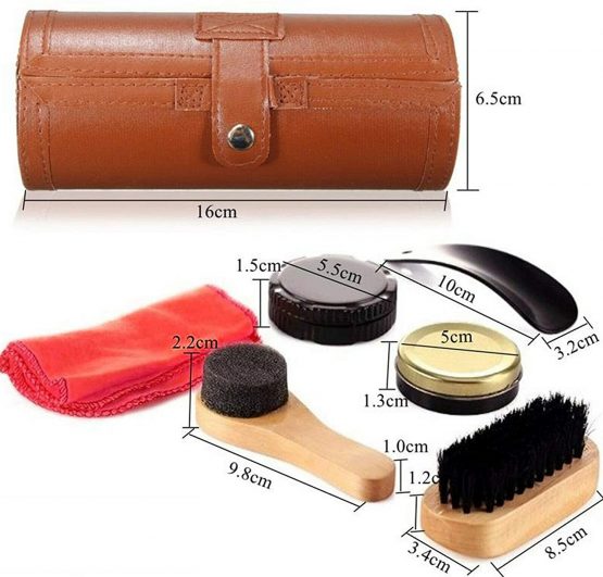 Shoe Polish Kit Cleaning Shine Care Barrel Set For Brown Black Leather With Brush Travel Case Luxury Premium Soft Horsehair Bristle Dauber, Wooden Applicator, Shoehorn, Cloth 7 Piece - Image 3