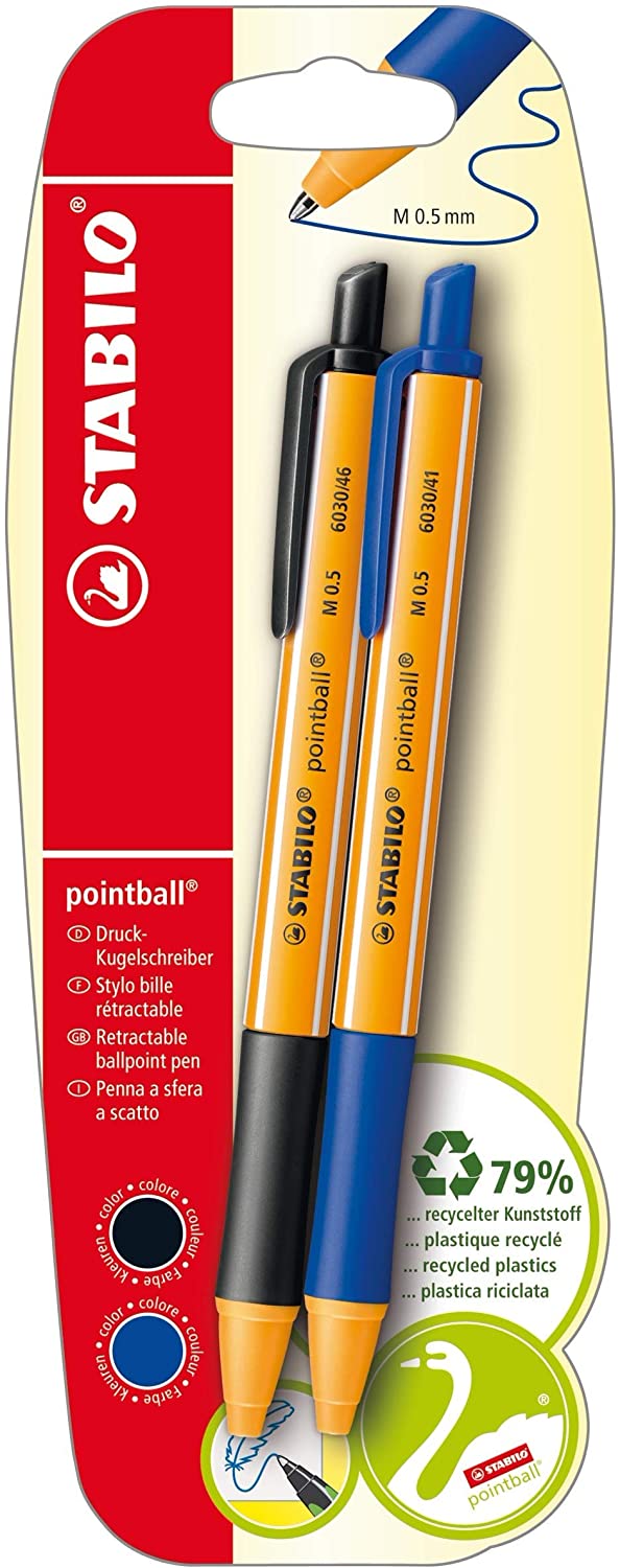 STABILO Pointball Retractable Ballpoint Pen 79% Recycled Plastic (Box of 10 Blister Packs of 2) Blue/Black