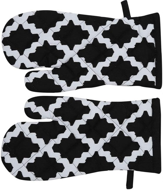 Penguin Home® Cotton Heat Resistant Kitchen Oven Gloves, Mitts for Cooking, Baking - Stylish Design & Colour - 1Pair - Machine Washable - Diamond Black