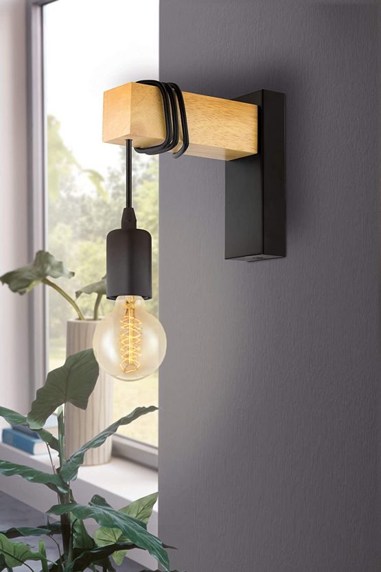 EGLO TOWNSHEND wall light, 1-flame vintage wall light with an industrial design, retro light made of steel and wood, Colour: Black, brown, Socket: E27 - Image 2