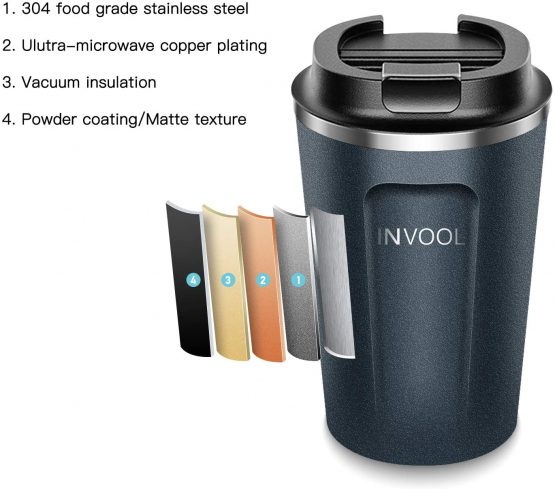 Invool Coffee Cup, Double Walled Travel Mug Vacuum Insulation Stainless Steel with Leakproof Lid Eco-Friendly Reusable Cup for Travel & to-Go Hot/Cold Drinkware(Black) - Image 3