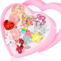 Hifot 12 pcs Little Girls Adjustable Rings, Princess Jewelry Finger Rings with Heart Shape Box, Girl Pretend Play and Dress up Rings for Children Kids