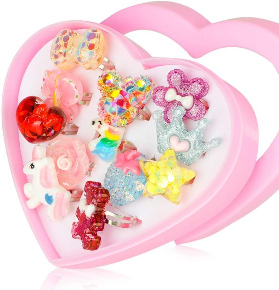 Hifot 12 pcs Little Girls Adjustable Rings, Princess Jewelry Finger Rings with Heart Shape Box, Girl Pretend Play and Dress up Rings for Children Kids
