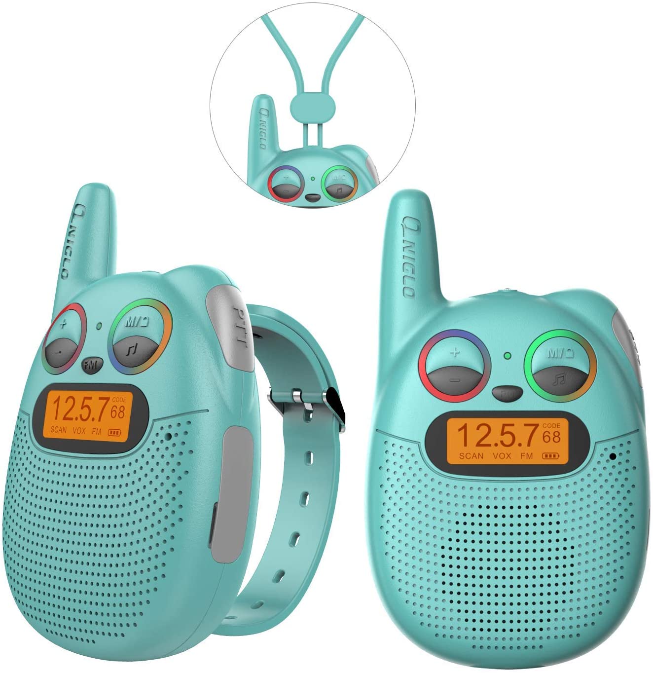 Rechargeable Kids Walkie Talkies with FM Radio, 2 Miles Range, Twinkling LED Eyes