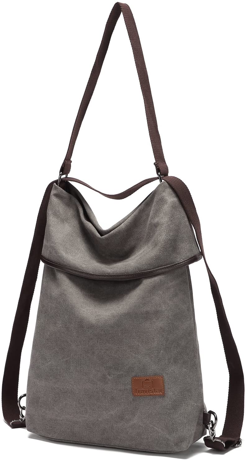 Travistar Canvas Hangbag Shoulder Bag Womens Ladies,Vintage Backpack Tote Rucksack Shopping Bag for Work School Travel Casual Daily(Gray) - Image 2