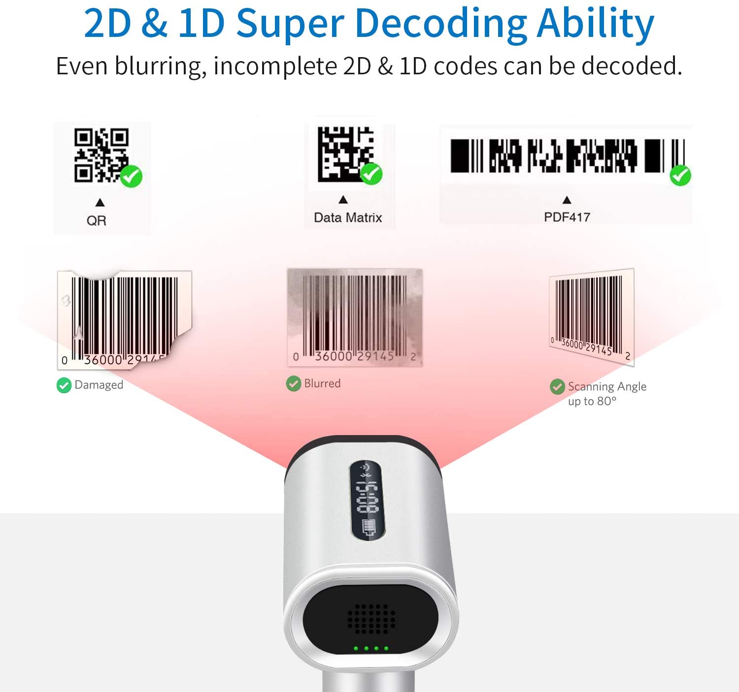 Alacrity 2D 1D Wireless Barcode Scanner with Display Screen, Bluetooth