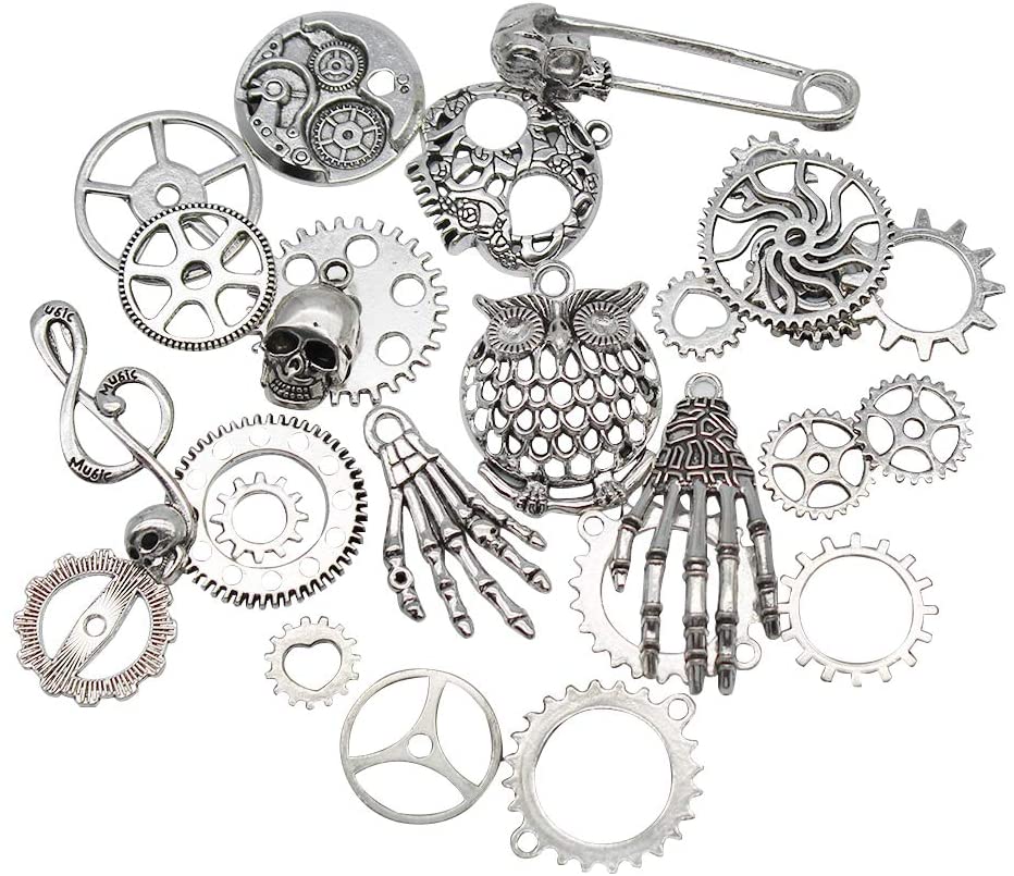 Mila-Amaz 80 Pcs Assorted Antique Steampunk Gears Metal Skeleton Pendant Charms Cogs for Jewelry Making Accessory - Bronze, Silver - Image 3