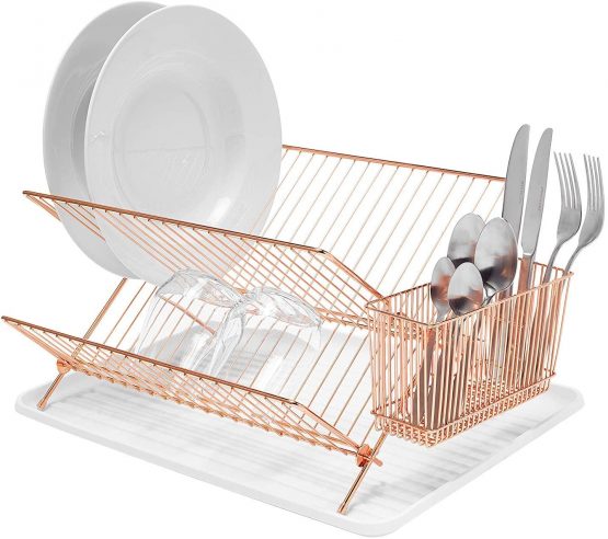 simplywire - Folding Dish Drainer - Plate Drying Rack with Cutlery Holder - Copper