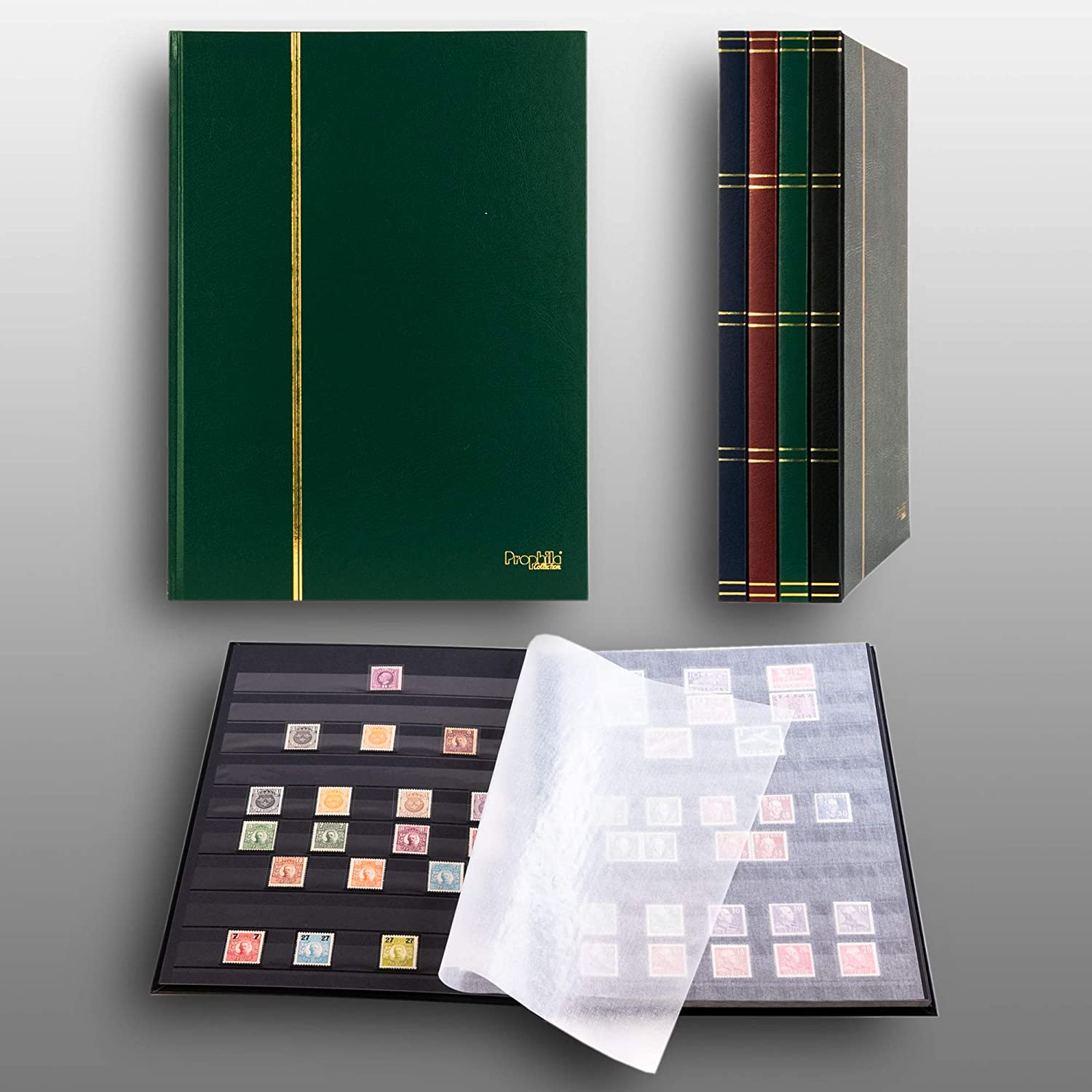 Prophila stamp album (new) 16 black sides, green cover, Medium