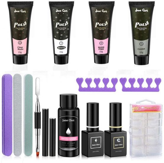 Nails Extension Gel Kit, 4 Colors Nails Gel Kit (White, Nude Pink, Clear, Clear Nude), Professional UV Gel Nail Builder Nail Art Tools Set with Top Coat, Base Coat, Slip Solution, Nail Tips, etc