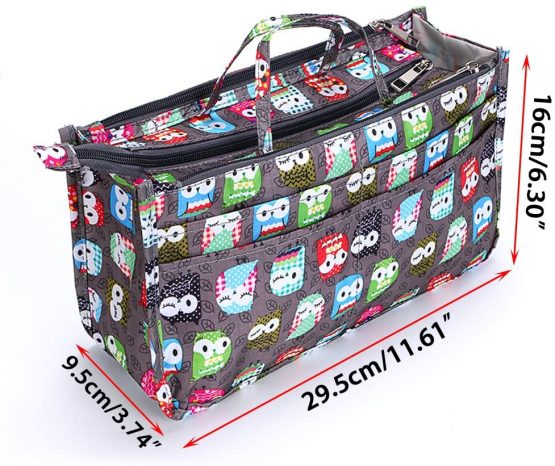 IGNPION Printed Insert Handbag Purse Organiser 13 Pockets Expandable Liner Bag Pouch Zipper Closure Tote Organiser Diaper Bag Insert with Handle (29x 16x 9cm)(Owl) - Image 2
