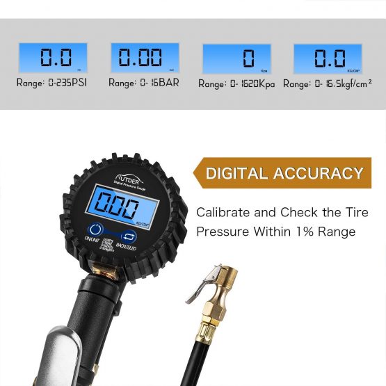 AUTDER Digital Tyre Pressure Gauges 235 PSI Air Compressor Accessories with Backlit LCD and Non-Slip Grip - Image 3