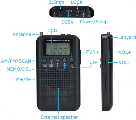 Songway AM/FM Pocket Digital Radio Alarm Clocks Sleep Timer Built-In Loudspeaker Portable Small Radio with Earphone for Outdoor, Running, Hiking, Travel (Black) - Image 4