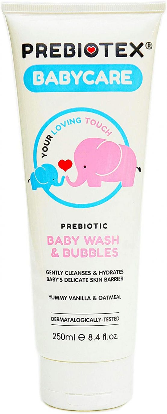 PREBIOTEX Baby Wash & Bubbles｜UK Brand | Sensitive Skin & Dry Skin Patches｜BIG 250ml｜Supports Baby's Skin Microbiome｜Cleanses Moisturises Protects｜Natural Prebiotics & Oatmeal | VEGAN-Society Approved