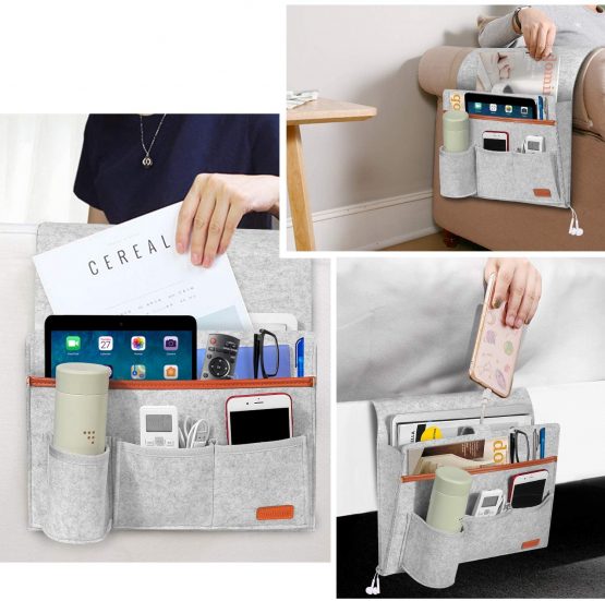 Simboom Felt Bed Pocket Anti-slip Hanging Storage Organizer with Water Bottle Holder for Home Bed Rails, Sofa, Bunk Beds - Dark Grey - Image 2