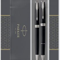 Parker Sonnet Duo Gift Set with Ballpoint Pen & Rollerball Pen, Gloss Black with Chrome Trim, Black Ink Refill & Cartridge, Gift Box