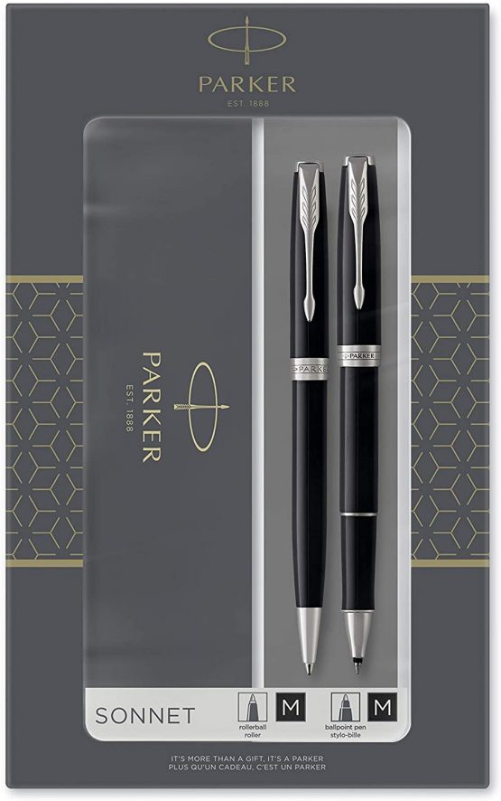 Parker Sonnet Duo Gift Set with Ballpoint Pen & Rollerball Pen, Gloss Black with Chrome Trim, Black Ink Refill & Cartridge, Gift Box