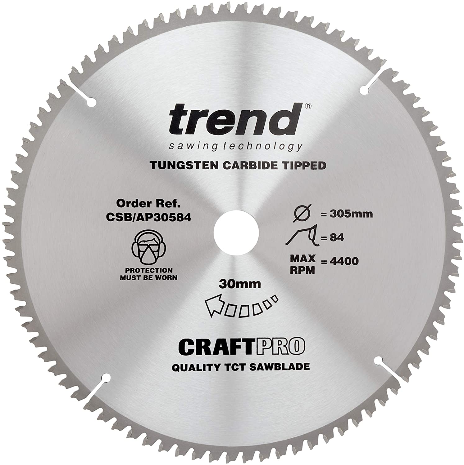 Trend Aluminium & Plastic Circular Saw Blade, 305mm Diameter, 30mm Bore, 84 Teeth, 3mm Kerf, -6° Hook, TCT, Extra-Fine Finish