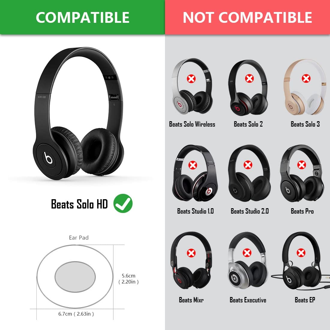 Geekria Replacement Ear Pads for Beats Solo HD On-Ear Headphones Ear Cushions (Not Compatible with Other Headphone Models) - Image 2