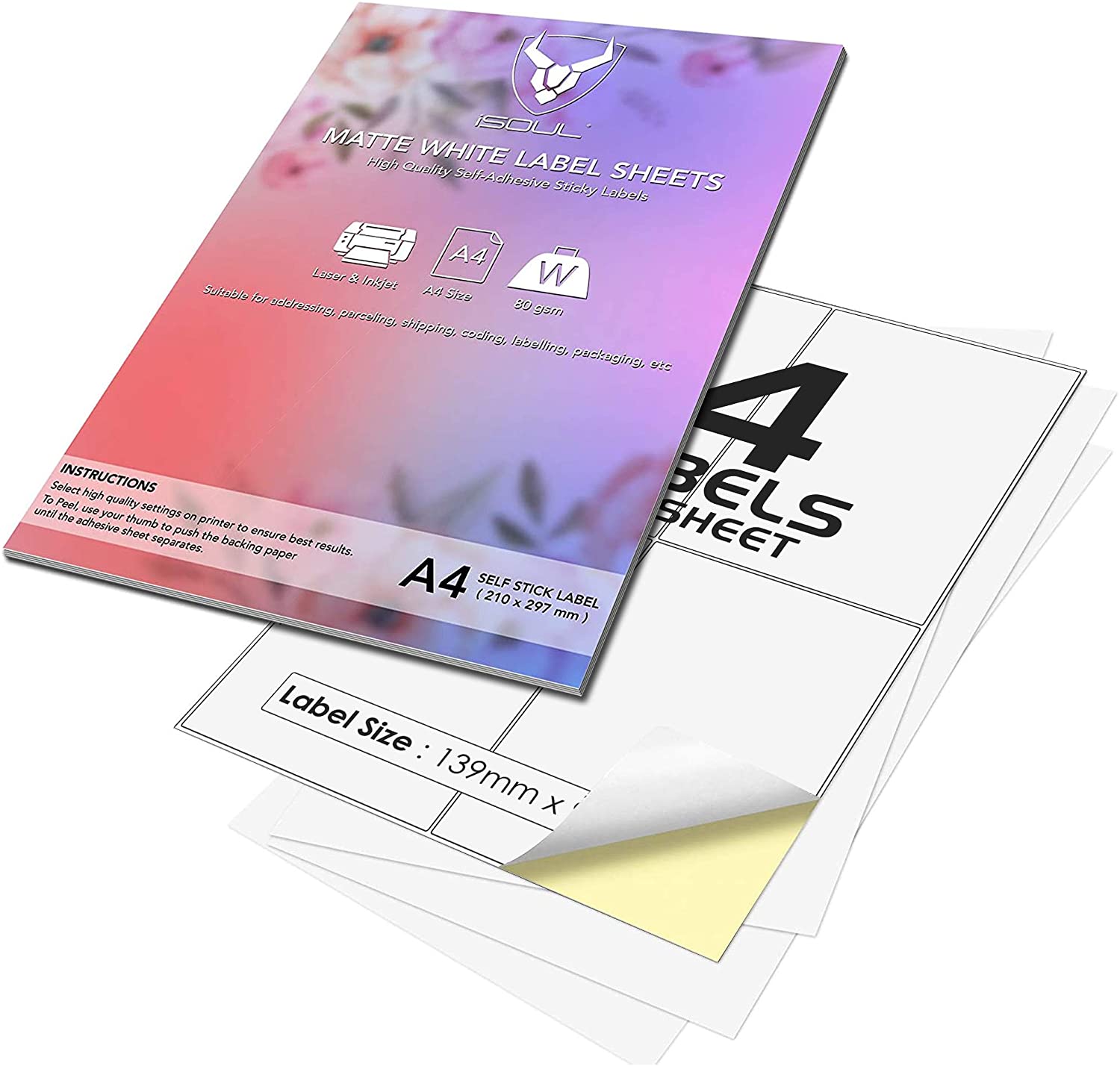 4 Labels Per A4 Sheet, 50 Sheets 200 Sticky Label, Printable Sticker Paper, iSOUL Matte Self Adhesive Address Mailing