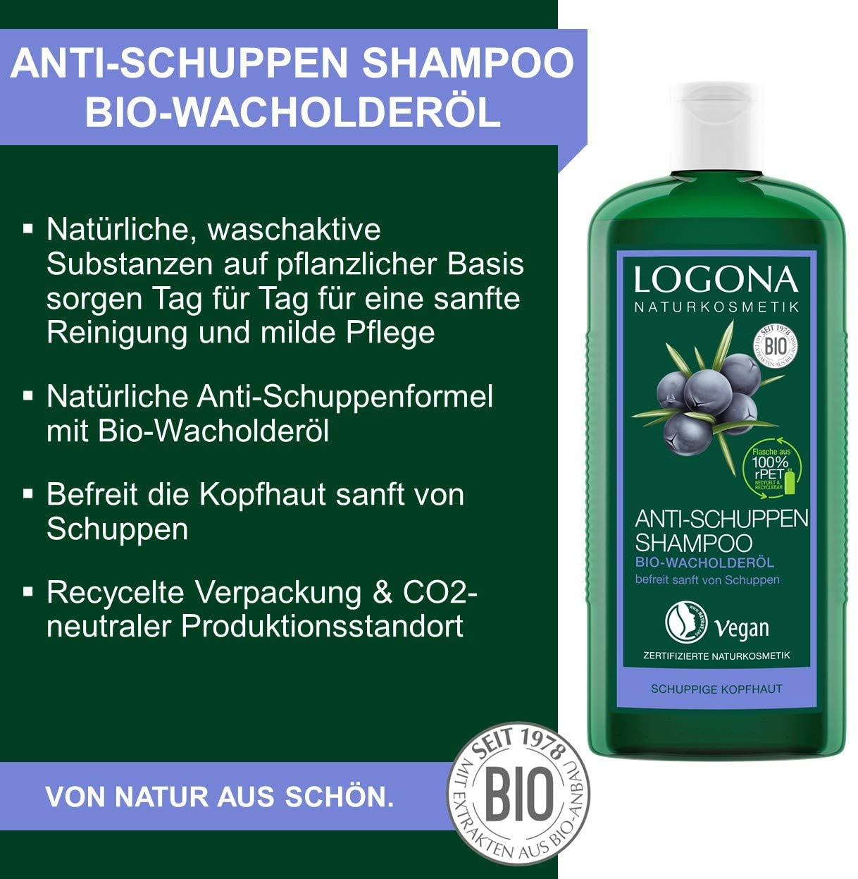 LOGONA Naturkosmetik Anti-dandruff shampoo for naturally healthy hair suitable for flaky scalp hair shampoo with vegan formula made of organic juniper oil - Image 3