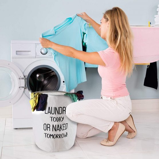 LessMo 2PCS 19.7" Drawstring Laundry Basket Storage Sorter, Collapsible Pop-Up Laundry Hampers, Waterproof Round Cotton Linen (White, Thickened 19.7"/Large) - Image 2