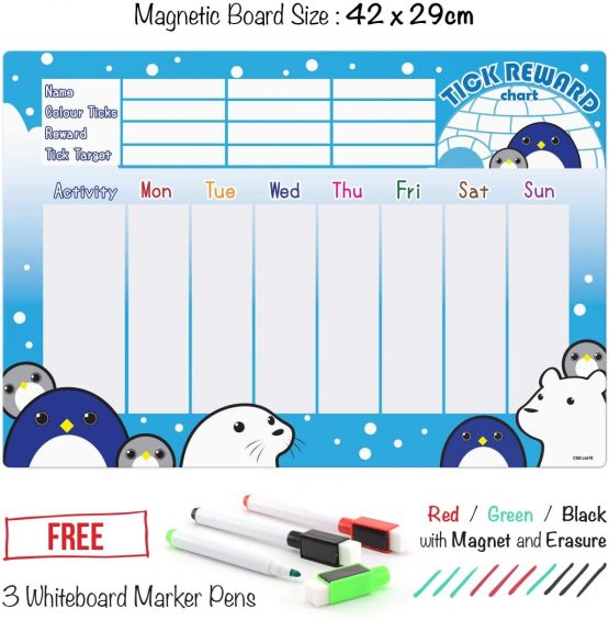 CKB LTD® Magnetic REWARD CHART Penguin and Friends FRIDGE BOARD 7 Day Colourful Tick List For Refrigerators With 3 Markers Pens Activity Chore A3 Behaviour Charts Teaching Children Good Practices - Image 2