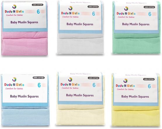 Dudu N Girlie 100 Percent Cotton Baby Muslin Squares, 70 cm x 70 cm, 6-Piece, Cream/White