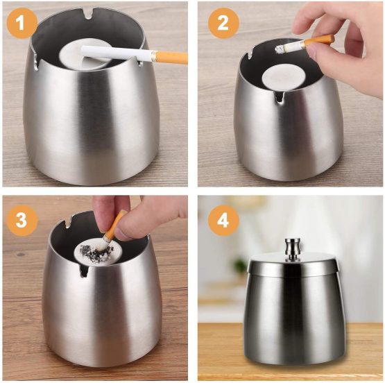 Portable Stainless Steel Ashtray with Lid,Windproof Stainless Steel Large Ashtray,Tabletop Ashtray Non-Slip,outdoor ashtrays garden with lid,Unbreakable Cigarette Ash Holder (10x10.5x8.3 CM, Silver) - Image 4