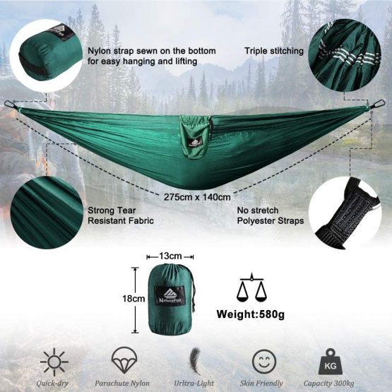 NATUREFUN Ultra-Light Travel Camping Hammock | 300kg Load Capacity,(275 x 140 cm) Breathable,Quick-drying Parachute Nylon | 2 x Premium Carabiners,2 x Nylon Slings Included | Outdoor Indoor Garden - Image 3