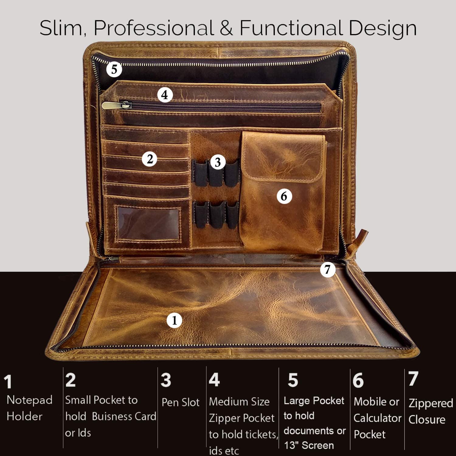 A4 Leather Document Folder, Full Grain Leather Conference Portfolio - Image 3