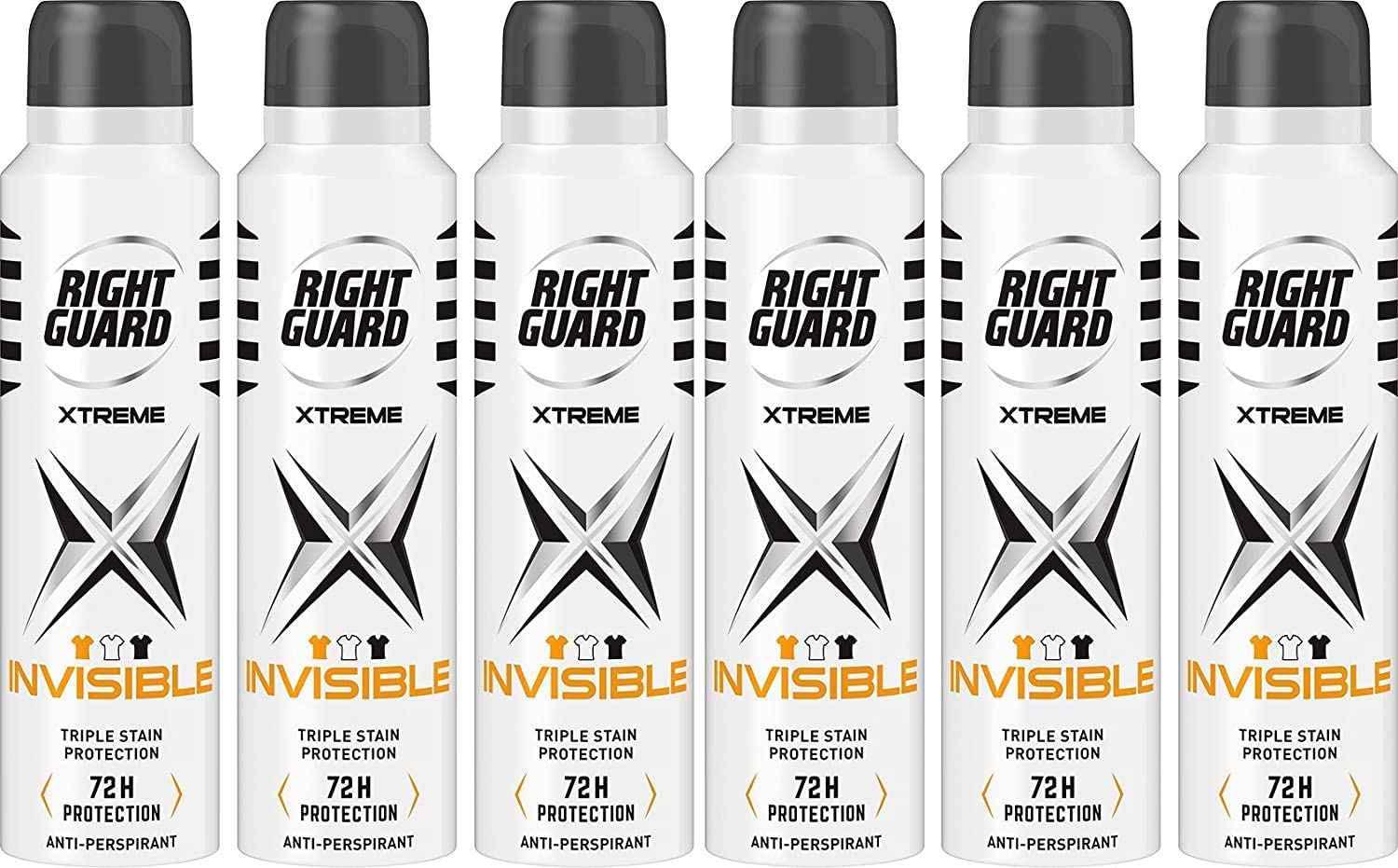 Right Guard Mens Deodorant, Xtreme Invisible 72H High-Performance Anti-Perspirant Spray, Multipack 6 x 150 ml