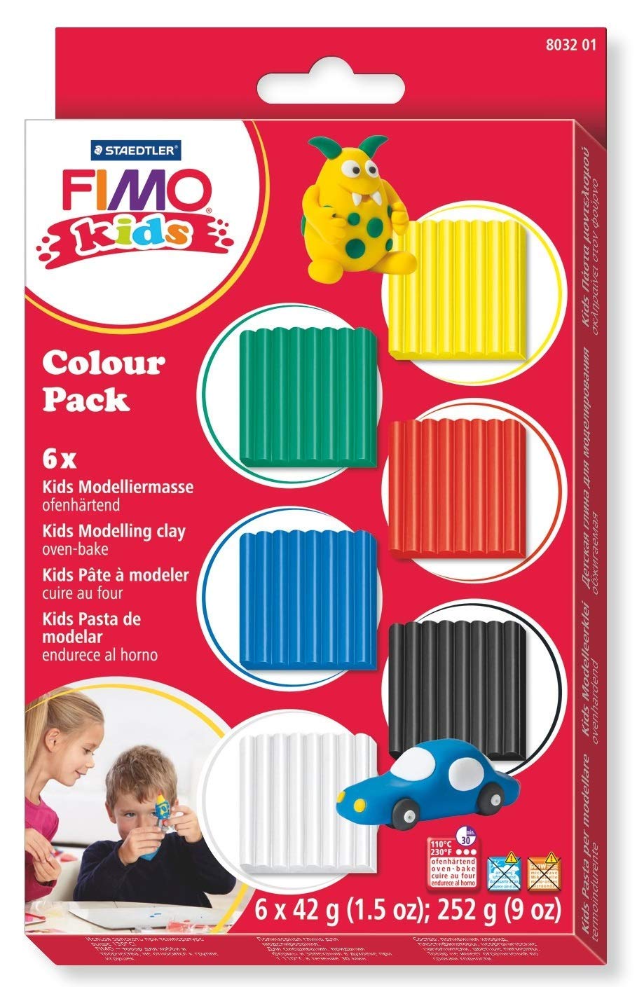 STAEDTLER 8032 01 FIMO Kids Super Soft Modelling Clay - Assorted Basic Colours (Pack of 6 Blocks), Multicolor