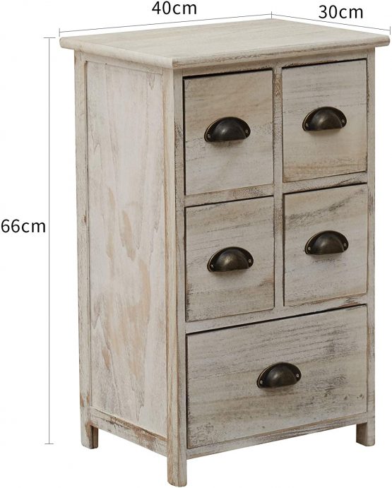 Rebecca Mobili Bedside Table Cabinet Wood shabby White 5 Drawers Bedroom - 66 x 40 x 30 cm (H x W x D) - Art. RE4106 - Image 3