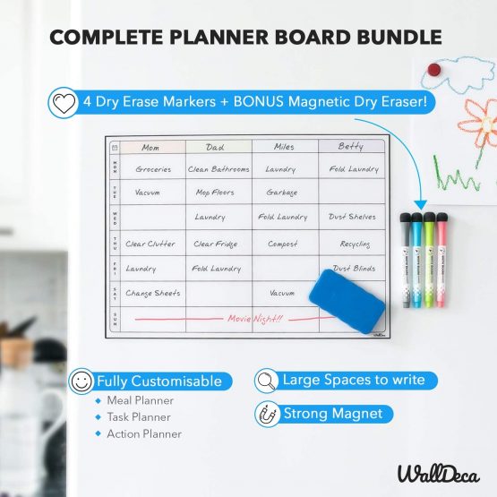 WallDeca Weekly Dry Erase Board - with 4 Color Markers and A Bonus Eraser, 43 x 30 cm Magnetic Weekly Calendar for Fridge - Ideal to Plan Your Tasks - Image 4