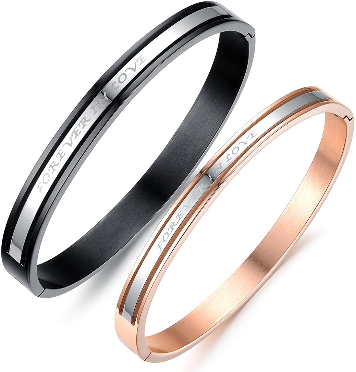 JewelryWe His & Hers Matching Set Couple Stainless Steel Bangle Bracelet Forever in Love Promise Anniversary in a Gift Bag (2pcs)