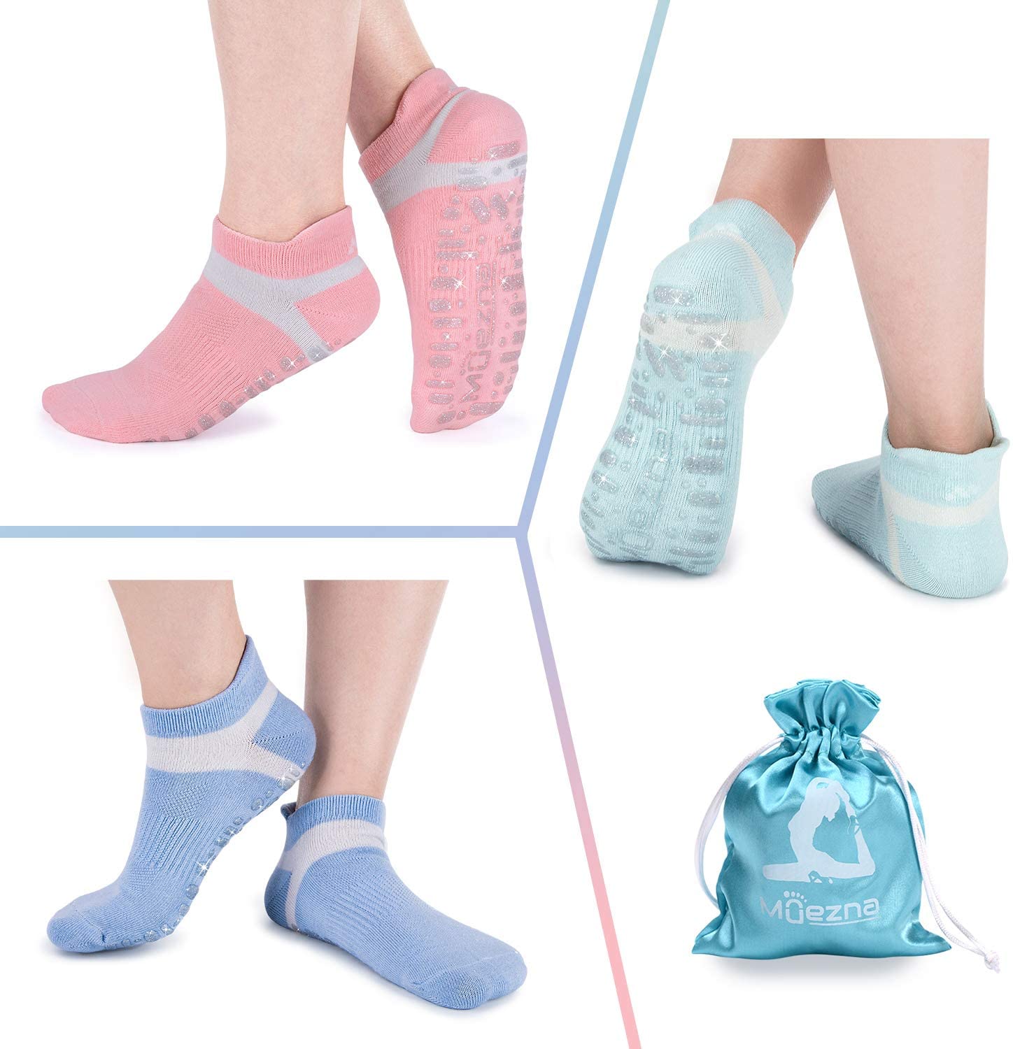 Muezna Non Slip Yoga Socks for Women Anti-skid Pilates Barre Bikram Studio Socks with Grips…, 3 Pack