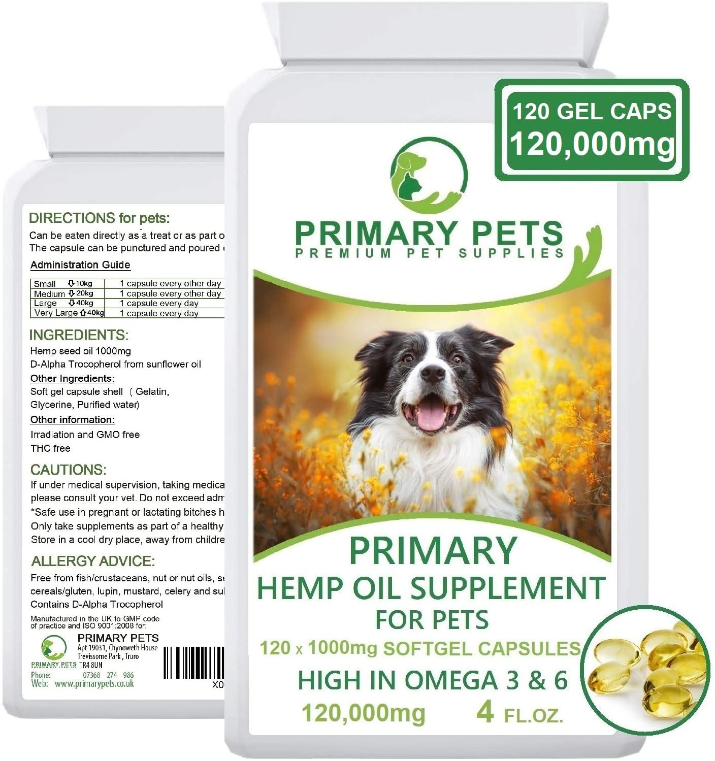 Primary Pets Premium Pet Supplies Hemp Oil for Dogs 100% Natural Hemp Seed Oil, Calming 120 x 1000mg Soft Gel Capsules