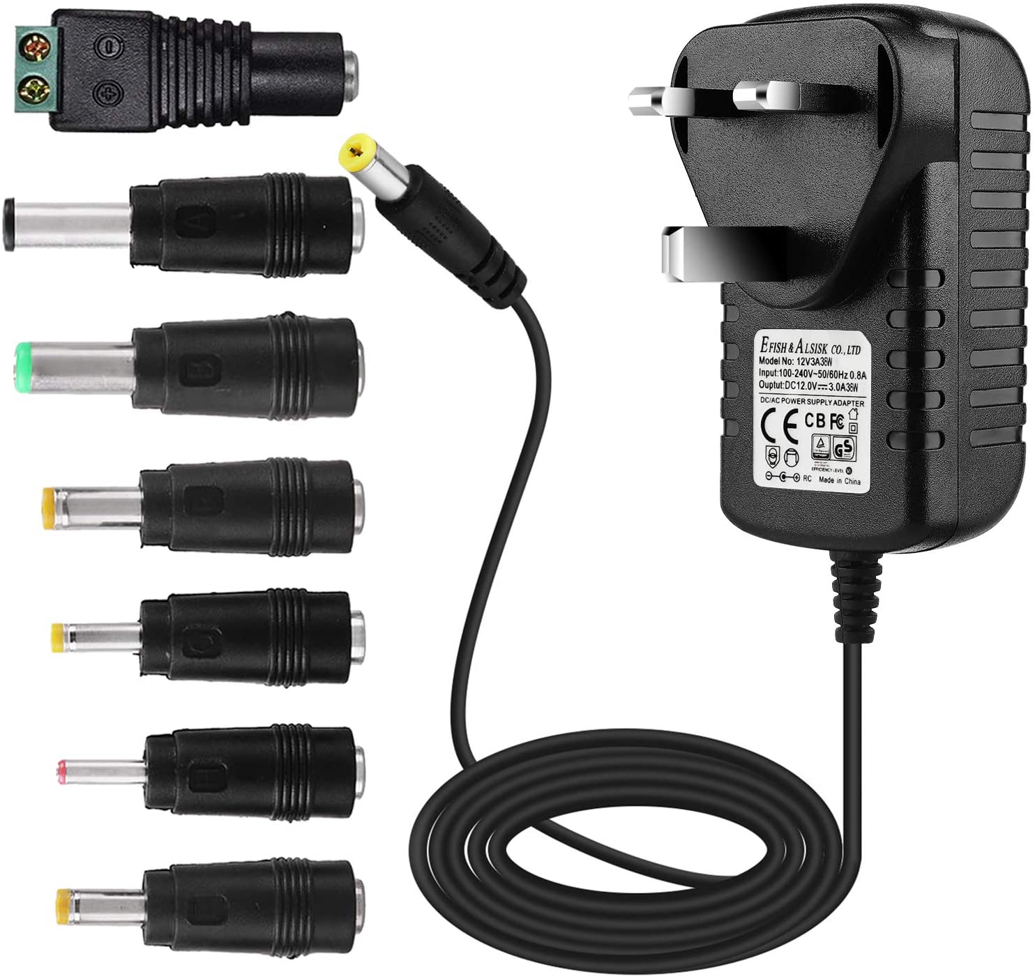 EFISH 12V 3A 36W Power Supply,AC to DC Adapter with 7 Selectable Adapter Conversion Heads fit for Led Strips,CCTV Camera,Cisco Router,Router,Alarm bell,Case Fan,CE Approved