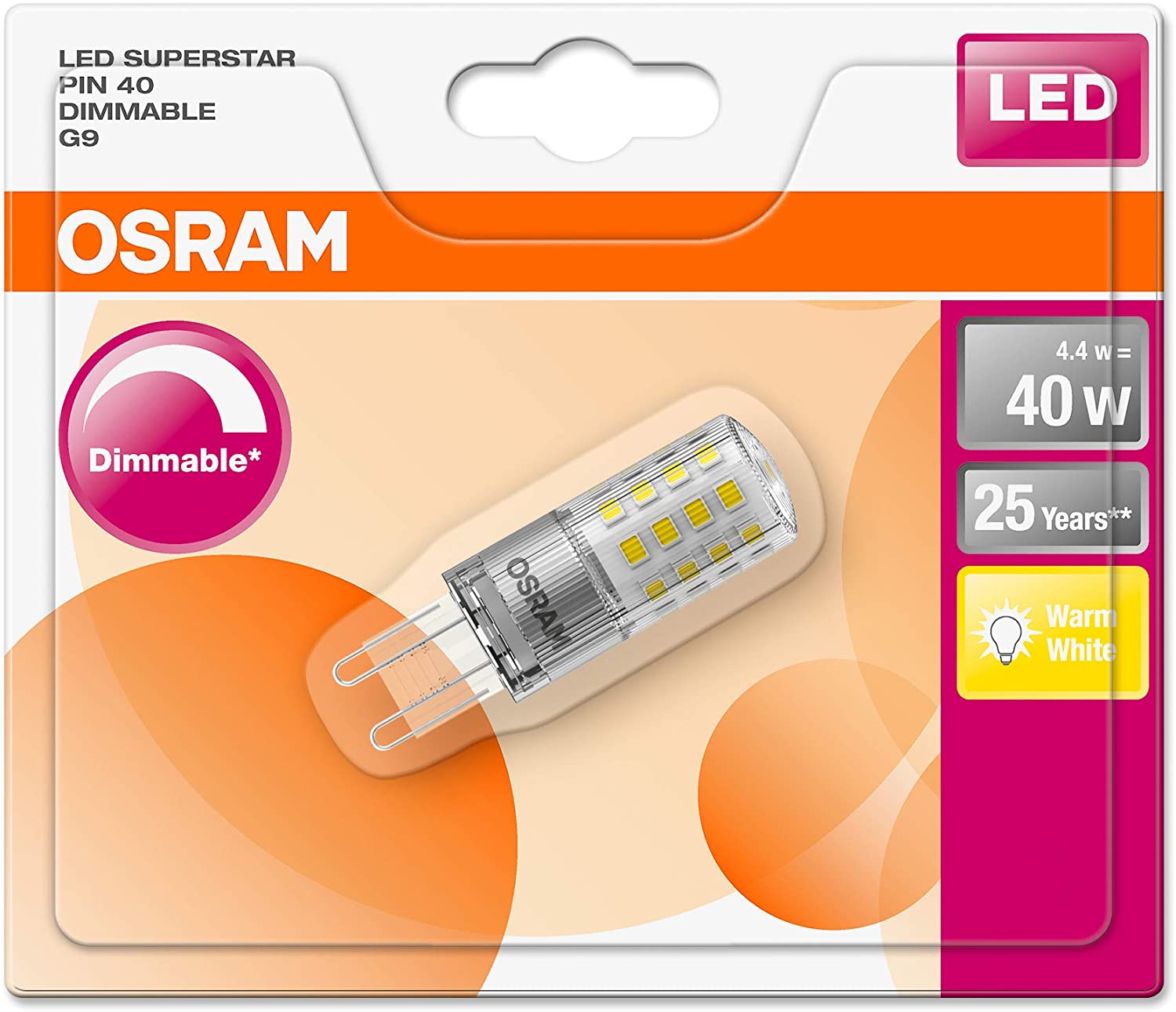 OSRAM LED SUPERSTAR PIN G9 DIM / LED lamp: G9, 4.40 W, 40 W replacement for, Warm White, 2700 K, / / pack of 9 - Image 2