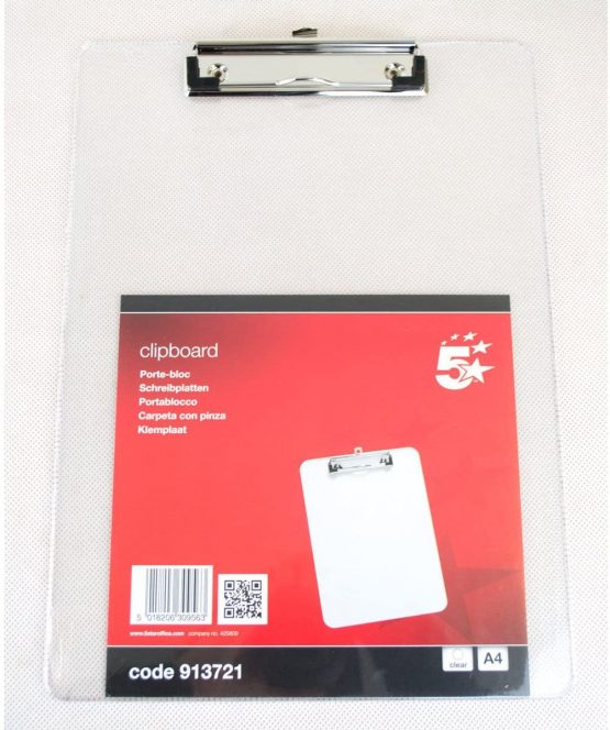 5 Star Clipboard Plastic Durable with Rounded Corners A4 Clear