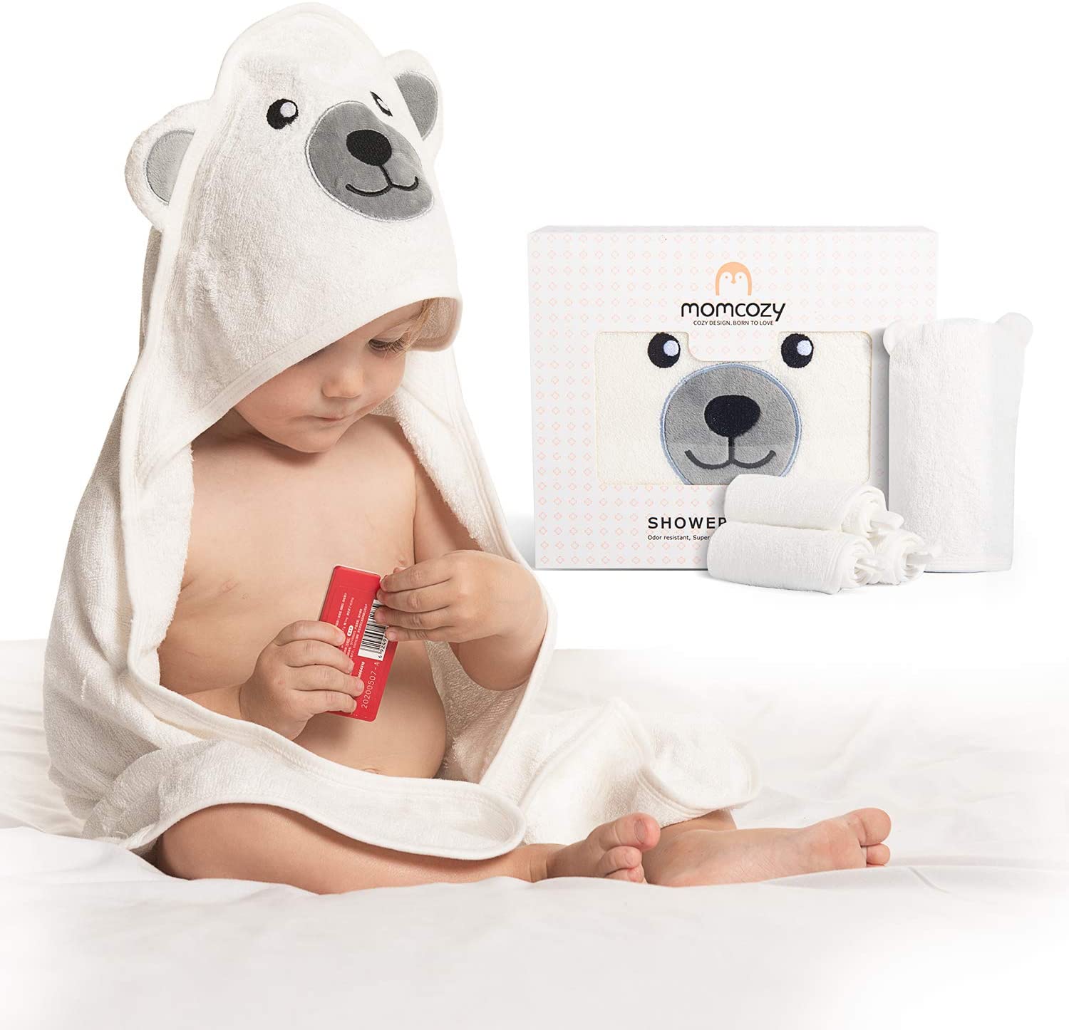 Momcozy Bamboo Baby Bath Towels Set 5 Packs, 1 * Baby Towels with Hood Newborn, 3 * Baby Washcloths, 1 * Baby Bath Glove