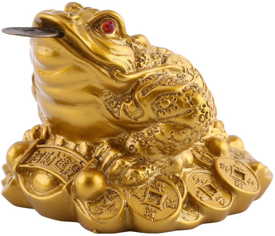 Walfront Lucky Money Frog Toad Golden Chinese Frog Feng Shui Toad Treasure Basin Statue with Coin Attract Wealth and Good Luck (65×60×50mm-Brass) - Image 4