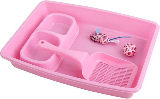 PAWISE Kitty Cat Starter Kit Includes 4 Pieces, Cat Litter Pan, Cat Litter Scooper, Cat Bowls, Cat Toy for Small Cats, 14.5x10.5 Inches, Pink
