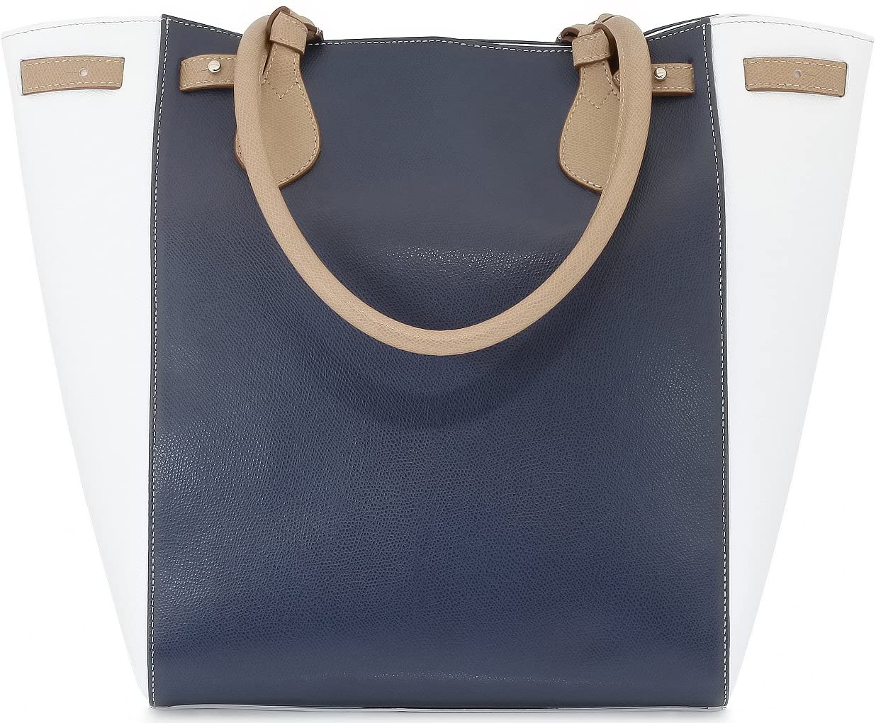 StilGut® Marina, Genuine Italian Leather Handbag with integrated Power Bank and Magic Twin cable, dark blue/white