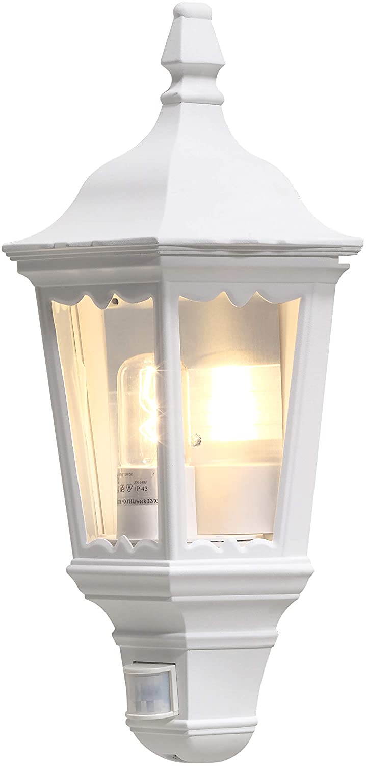 Konstsmide Outdoor Wall Light Mains Powered/Firenze Flush Traditional Lantern with PIR Sensor Motion Detector/1 x 100 W E27 Max Lamp/Clear Acylic Glass/Aluminium/IP43/Outside Light Matt White